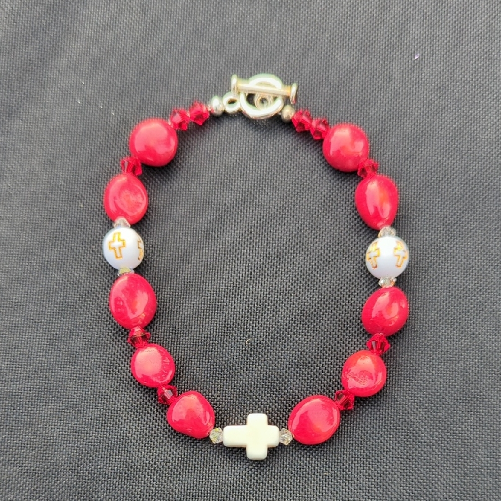 Red and White Bracelet with Cross Accents